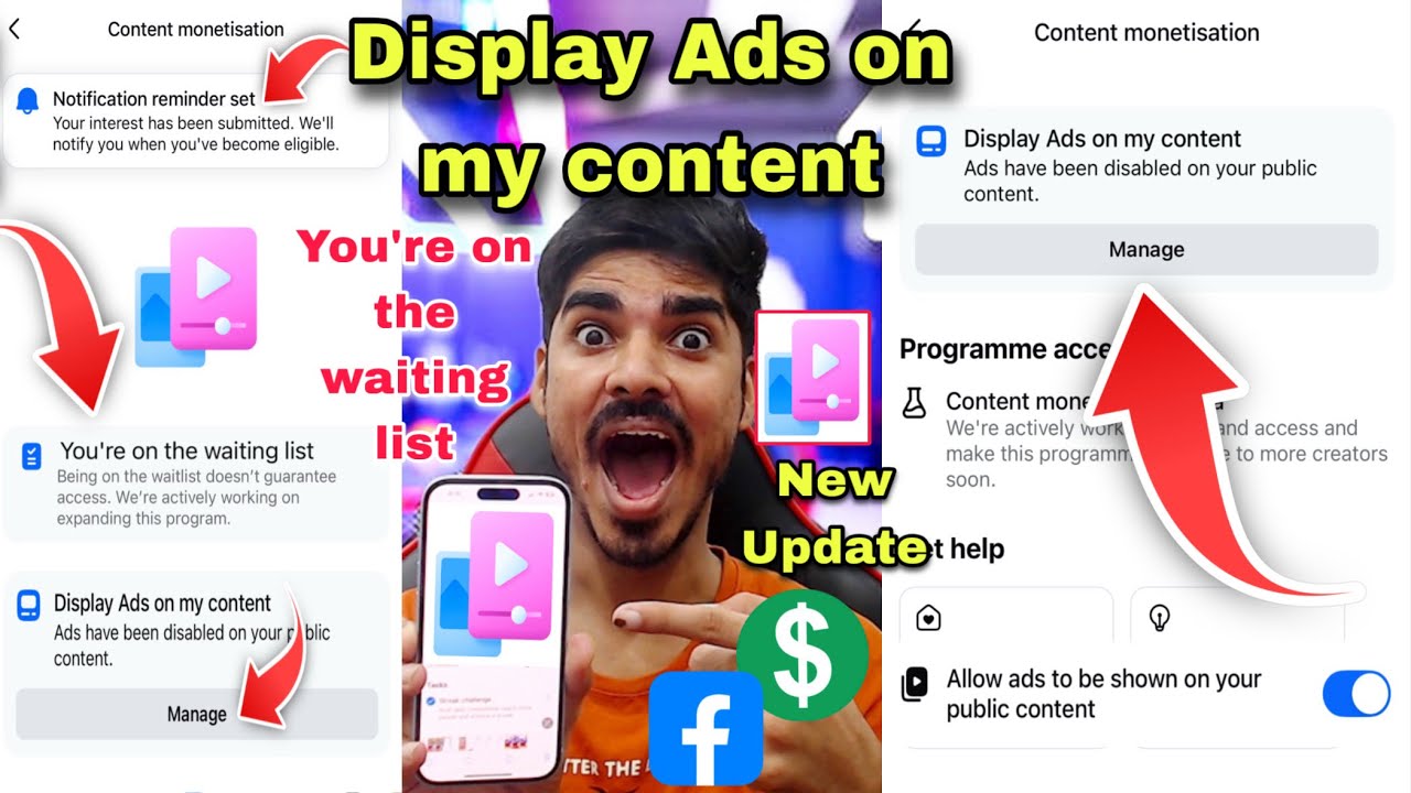 Display Ads on my content Facebook 🤔 You&rsquo;re on the waiting list Facebook Content Monetization