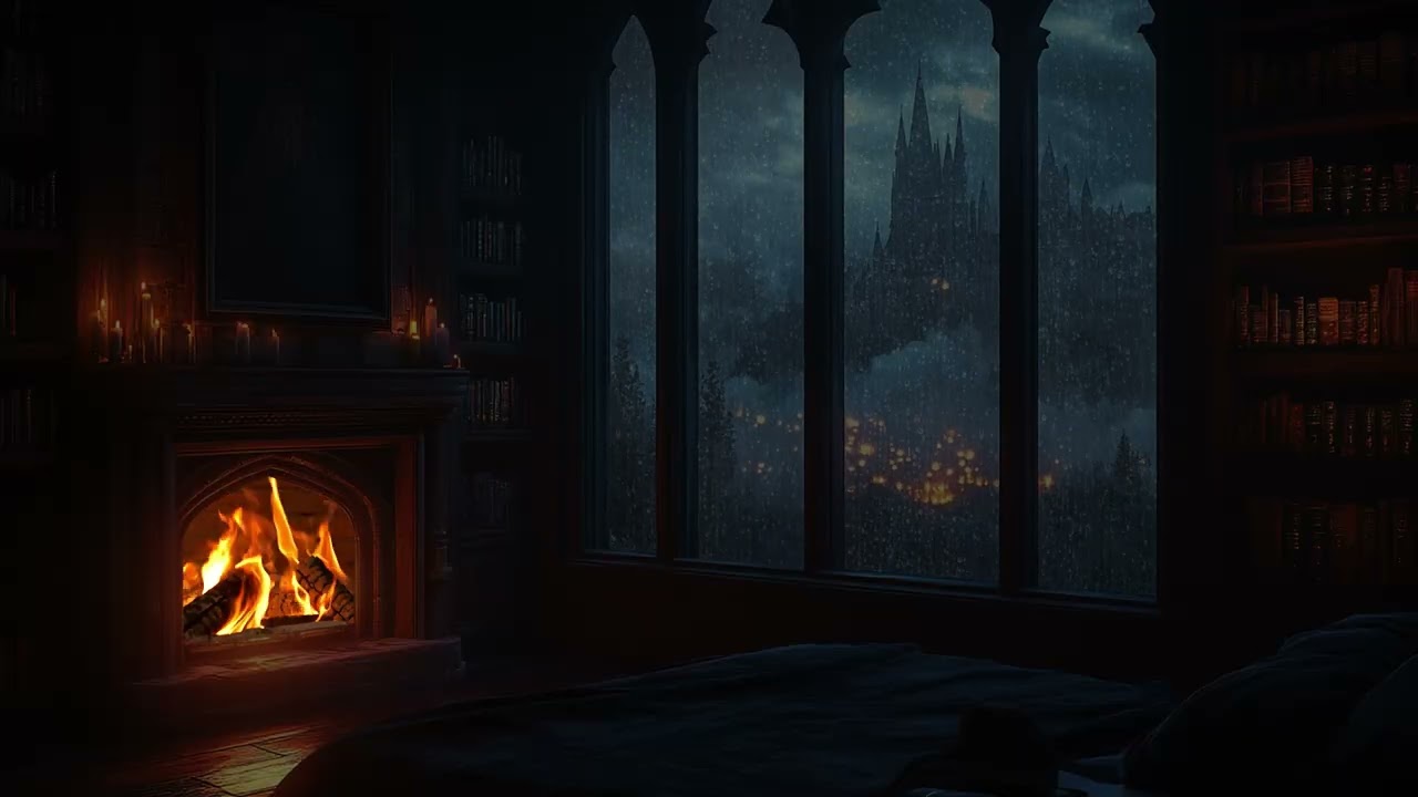 Heavy Storm Surrounding the Ancient Castle | Warm Rustic Bedroom with Fireplace | Calm Rain Mood