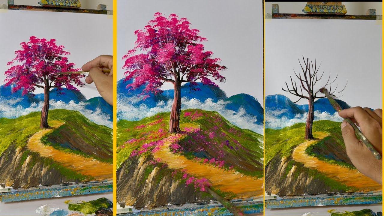 #004 | Pink Leaf Trees Along Mountain Path | Easy Acrylic Painting Tutorial | Nature Glow Art 