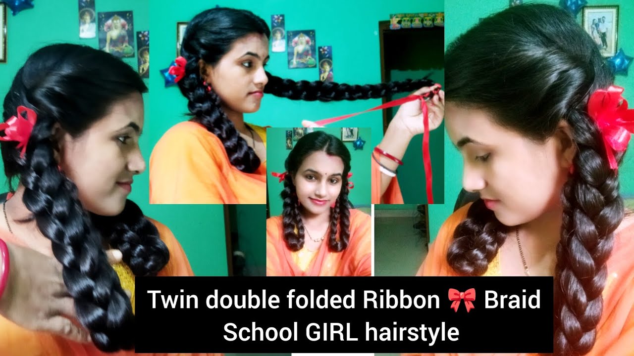 Most Requested Twin Double Folded Two Meter Red ribbon🎀Braid Hairstyle Full Video😍 School Hairstyle