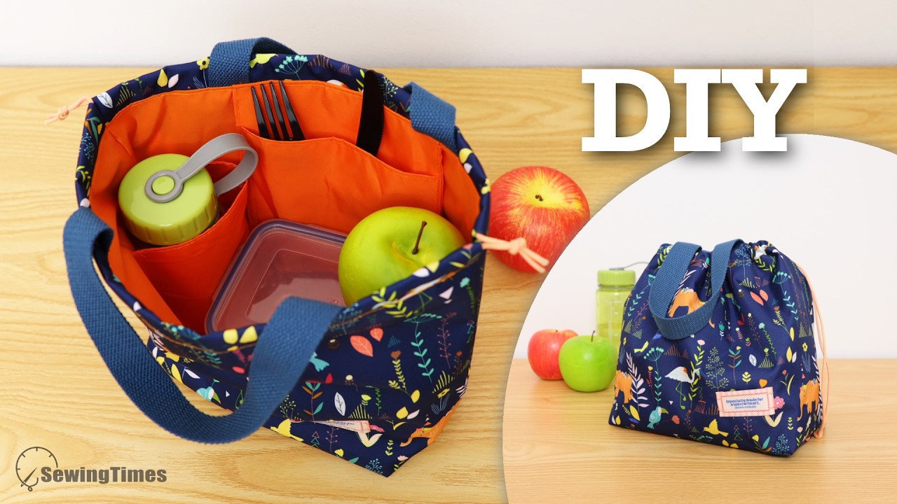 DIY Waterproof Drawstring Lunch Bag 🍒 Pocket + Bottle Holder &mdash; Don&rsquo;t buy it, make it!