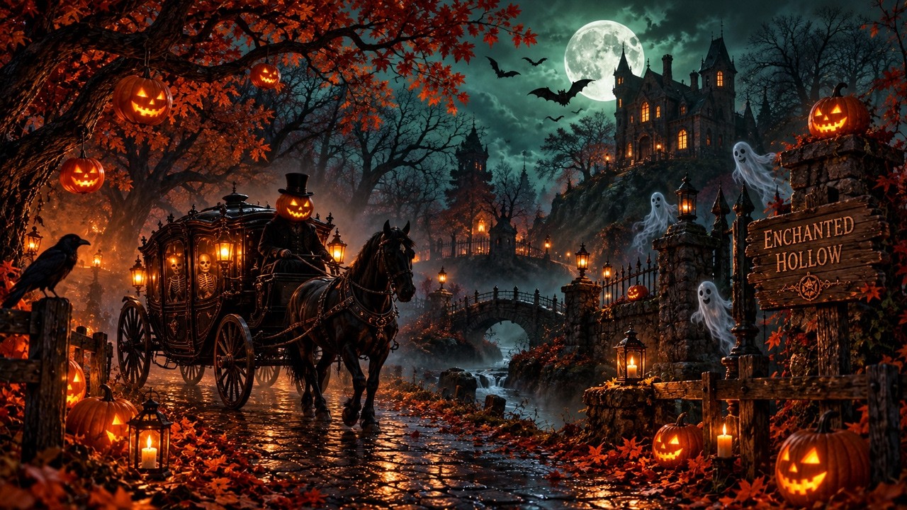 Relaxing Halloween Ambience 🎃 Autumn Night in a Spooky Village 👻 Haunted Sounds & Halloween Music