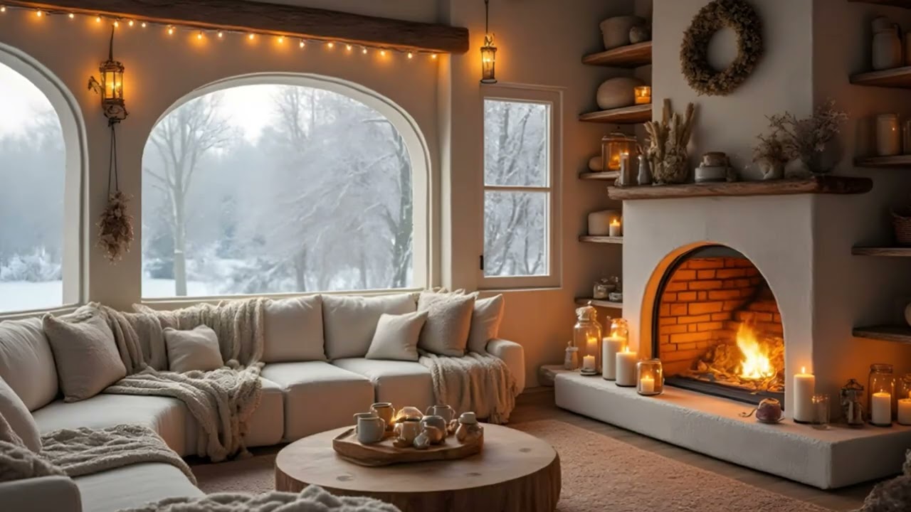 Cozy Snowy Cabin Fireplace Ambience | Crackling Fire & Winter Snow Sounds for Sleep, Focus, Relax