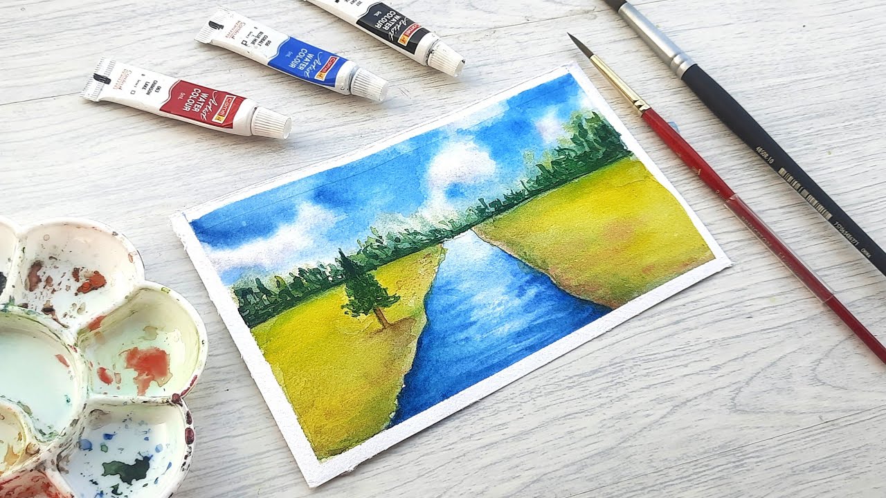 Simple greenery landscape💚 watercolor 🎨/ postercolor painting🖌 for beginners #sakthissketches
