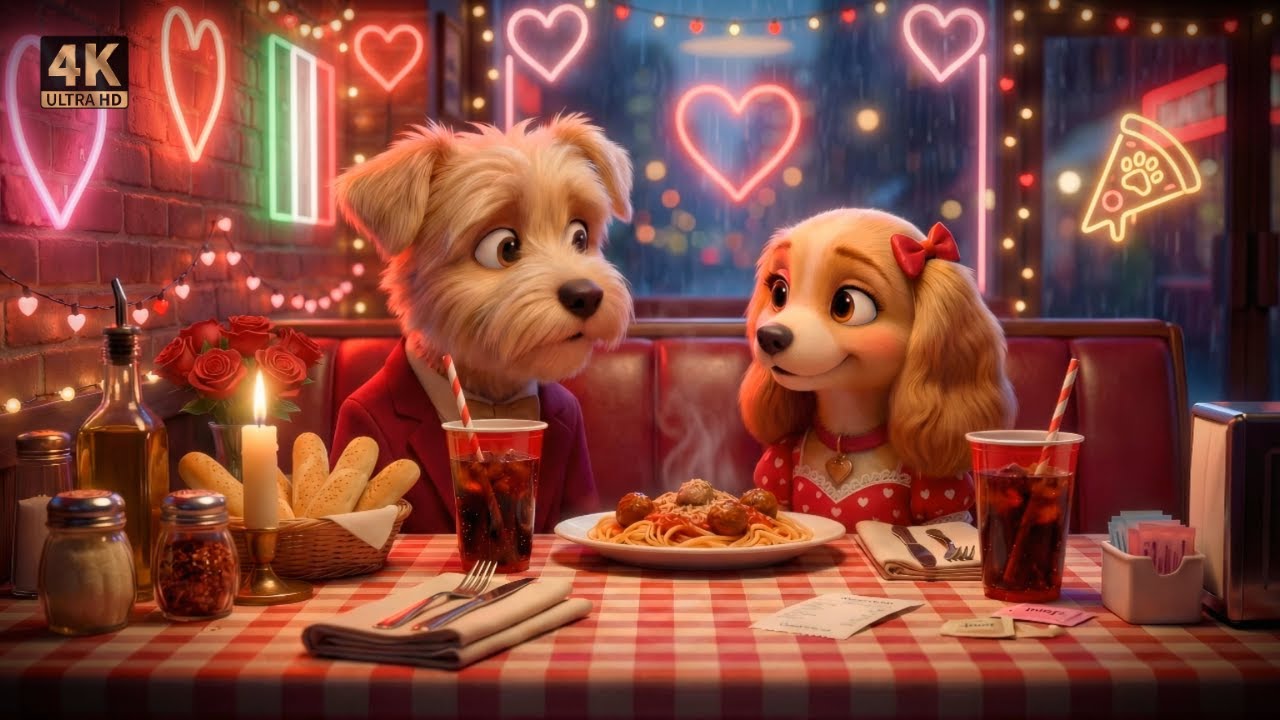 Rainy Night Romance: Two Puppies' Candlelit Italian Dinner Date