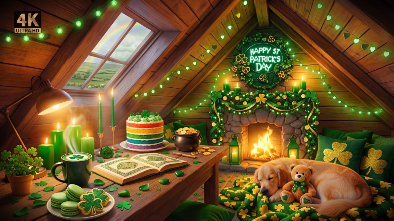 Festive Attic Ambience – Golden Retriever, Fireplace & St Patrick's Cheer