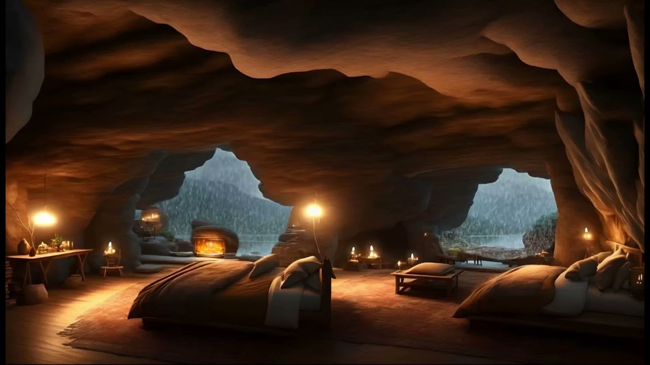 Cozy Cave bedroom ambience with gentle rain and thunder at night on the hill.