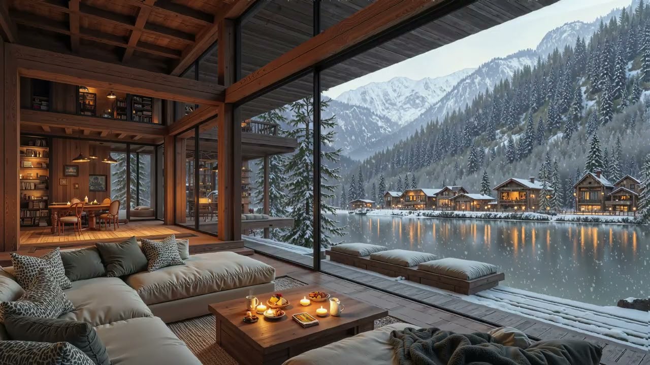 Winter Cabin by the Lake ❄️ Relaxing Jazz Music with Gentle Snowfall for Stress Relief, Unwind