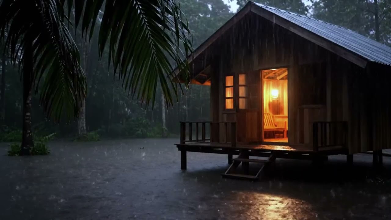 4K Video Calm Night Rain in Quiet Countryside Village
