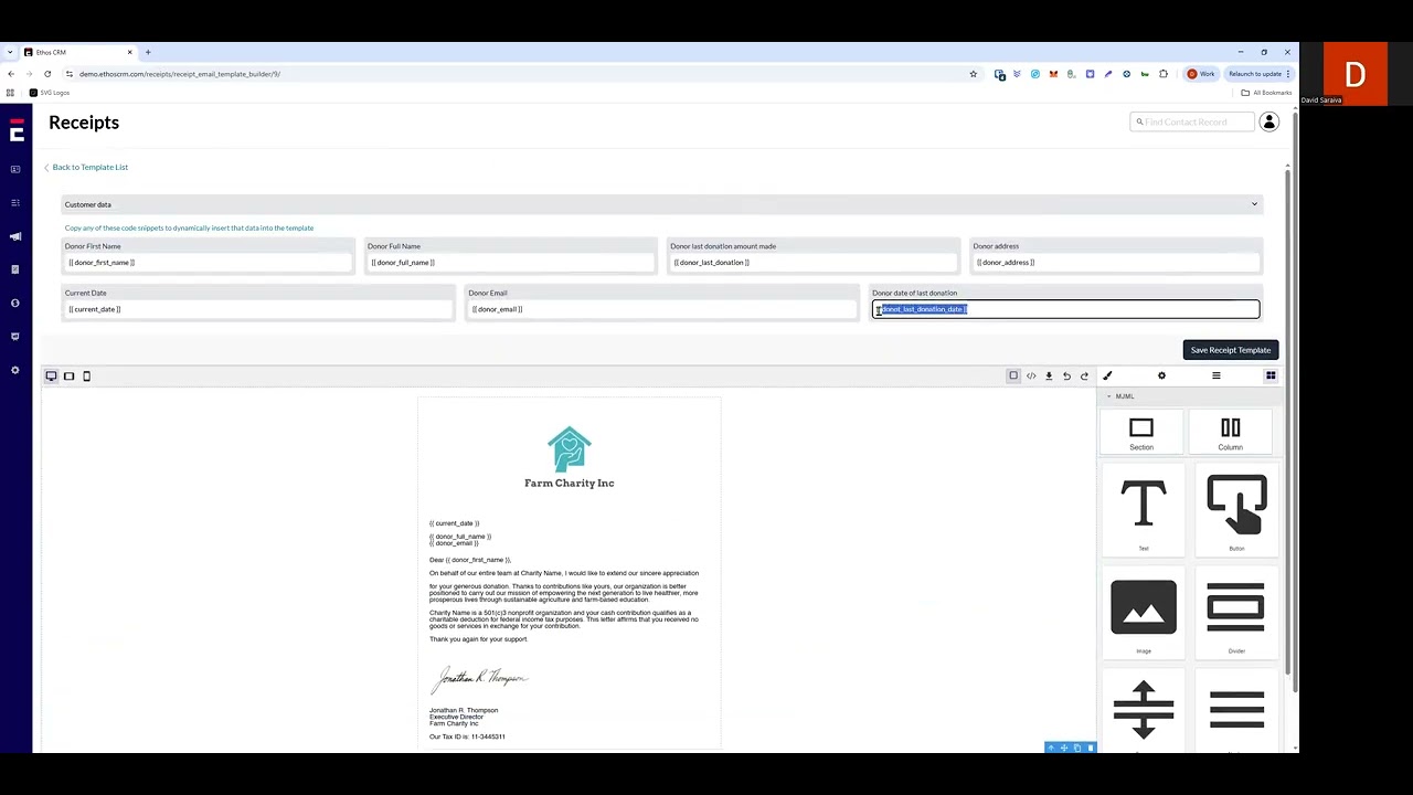 Creating a Receipt / Acknowledgement in Ethos CRM