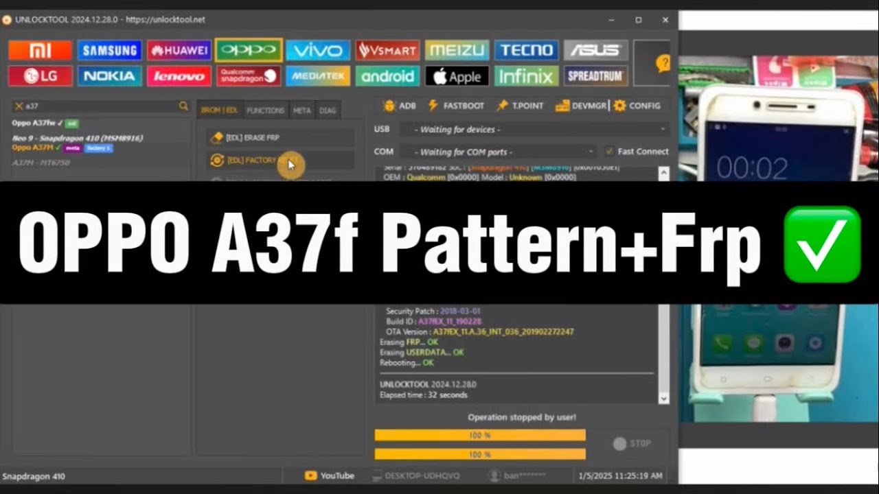 OPPO A37f Pattern + Frp bypass with UNLOCKTOOL