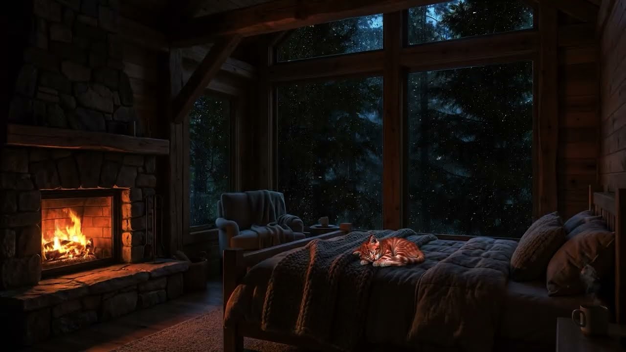 Nobody Can Find You Here. 🌧️ Isolated Cabin Rain, Thunder & Warm Fire (Dark Screen)