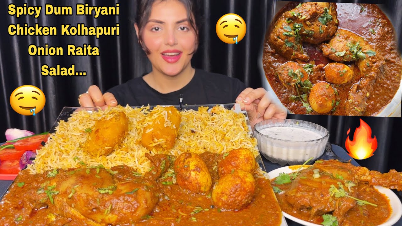 Eating Dum Biryani With Spicy Chicken Kolhapuri || Mukbang || Egg Masala || Big Bites 
