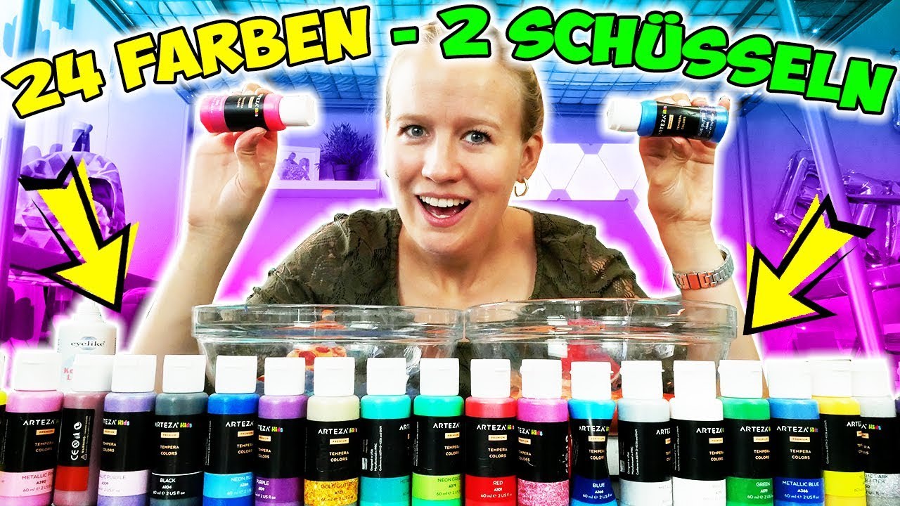 SLIME HERAUSFORDERUNG Kaan stellt Kathi knifflige Aufgabe! 2x Slime aus 24 Farben mischen! Challenge