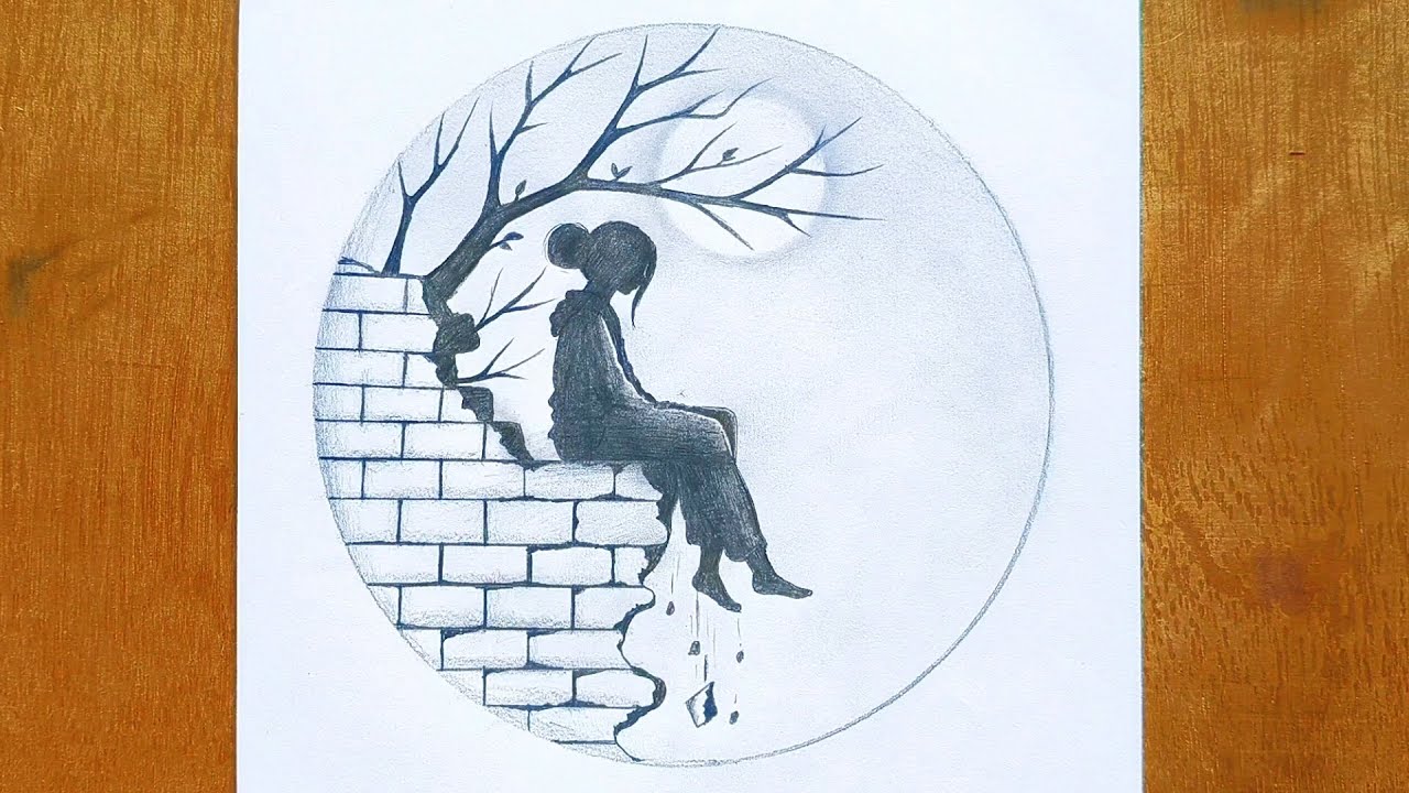 Girl Circle Drawing || How To Draw A Alone Girl With Moonlight  || Pencil Drawing For Beginner