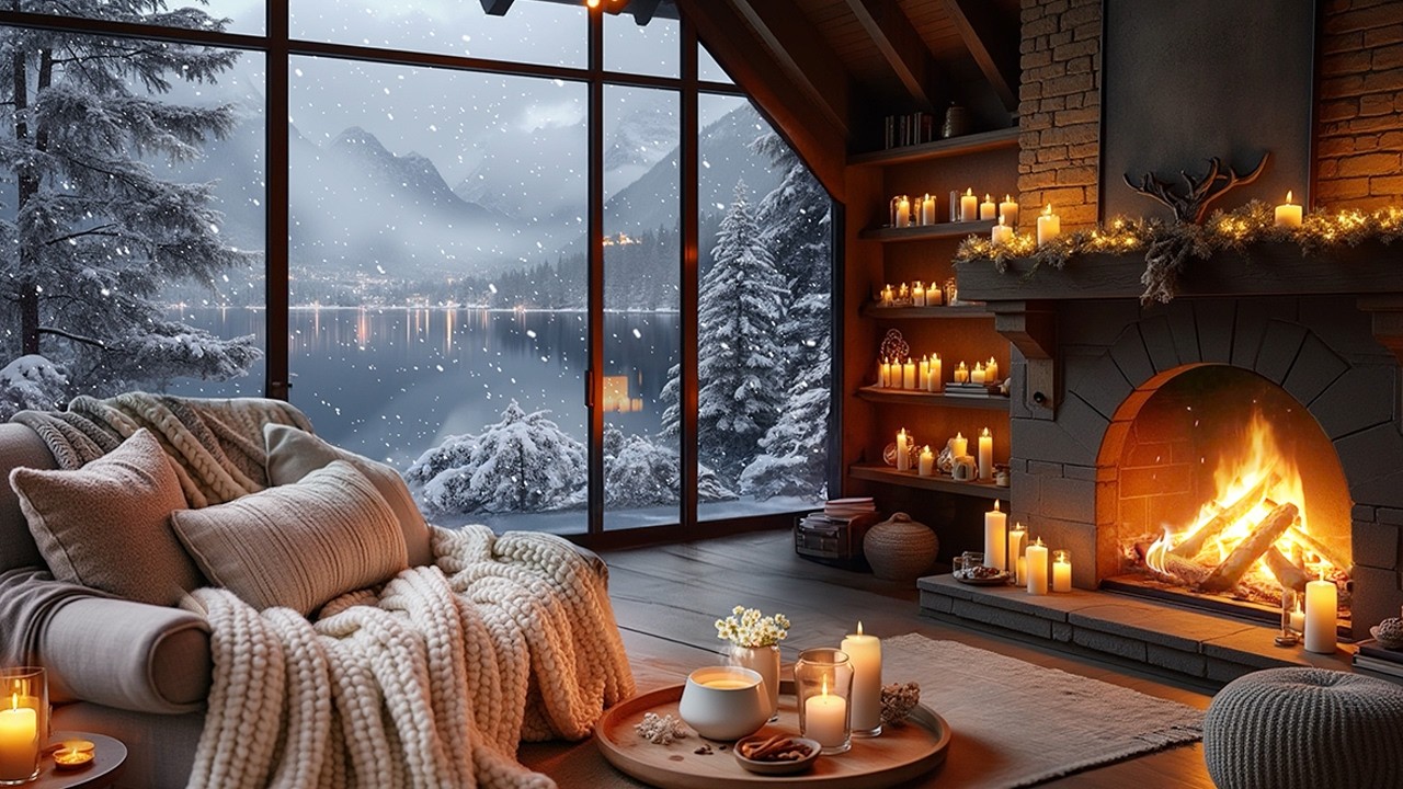 Snowy Lake Evening Retreat ❄️🔥 Fireplace, Candlelight & Cozy Cabin Ambience