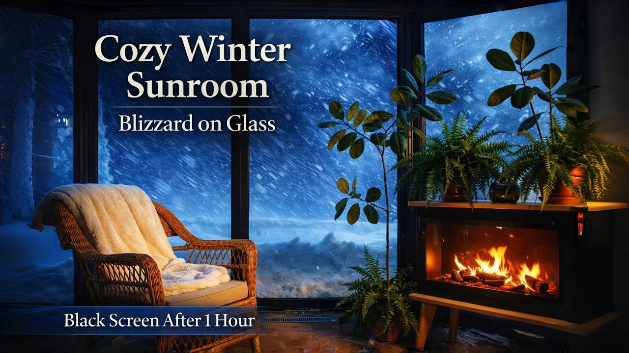 Cozy Winter Sunroom Ambience 🌿❄️ Blizzard on Glass & Fireplace Sounds (Black Screen at 1 Hour)