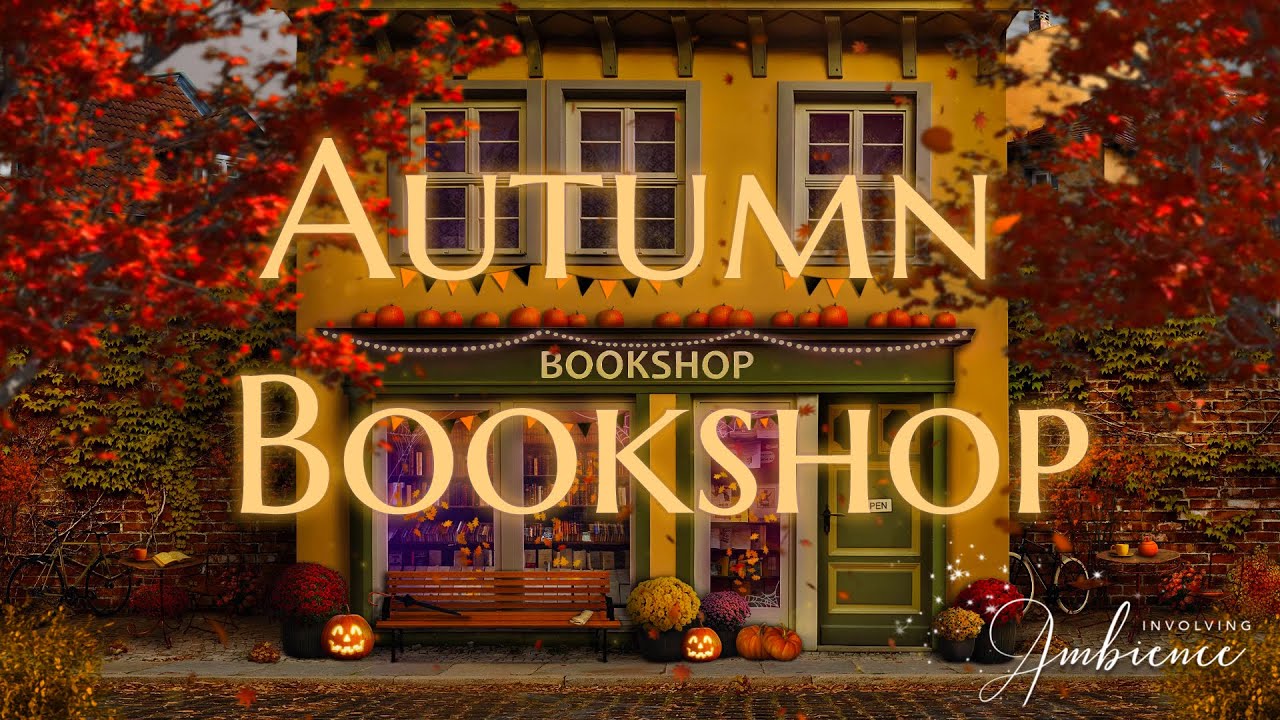 Autumn Bookshop ASMR Ambience🍁Windy Autumn on Quiet Street🍂Falling Crunchy Leaves & Occasional Rain