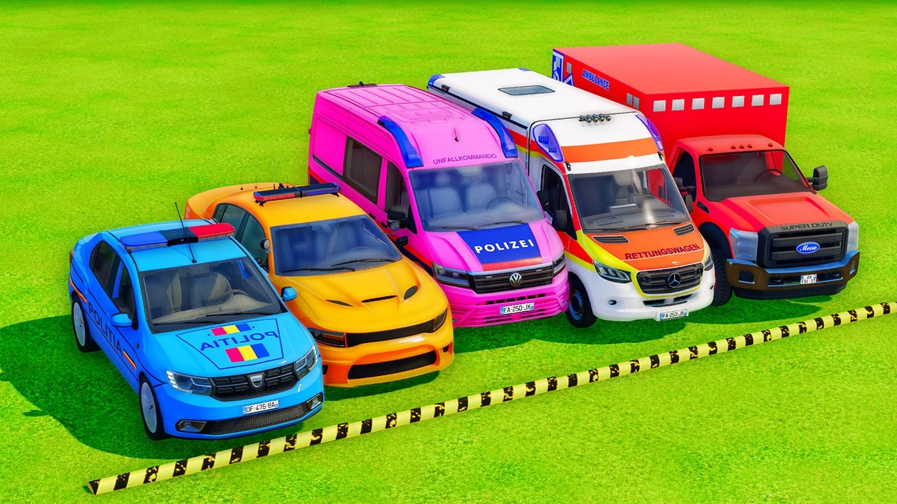 TRANSPORTING POLICE CARS, AMBULANCE, FIRE TRUCK, COLORFUL CARS WITH TRUCKS FARMING SIMULATOR 22!#055