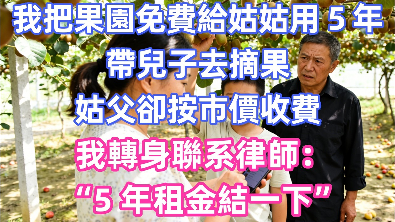 我把果園免費給姑姑用五年，帶兒子去摘果，姑父卻按市價收費，我轉身聯系律師：“五年租金結一下”      #情感 #退休生活 #生活智慧 #故事 #婚姻