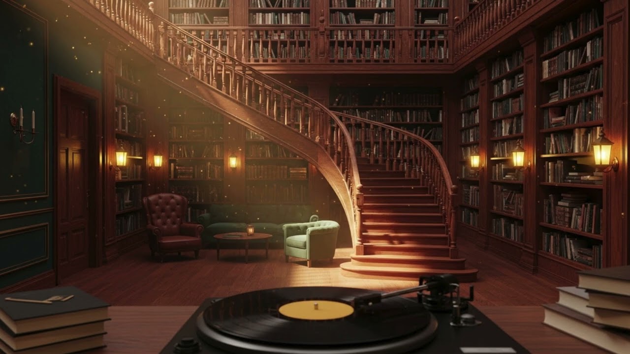 Antique Bookstore Library Ambience | Soft Vinyl Jazz 📚 Warm Lighting