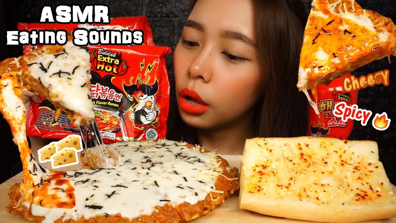 ASMR Pizza Mie Samyang Banjir Keju (Fire Noodles Pizza) + Garlic Bread | Eating Sounds | No Talking