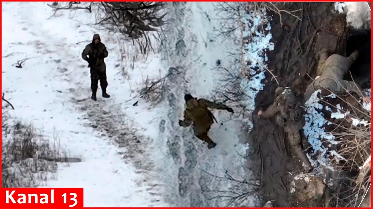 The moment the drone tracks the Russian soldiers running and looking for a place to hide