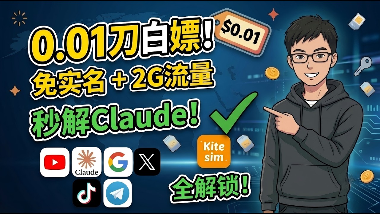 【KiteSIM】0.01刀白嫖2G原生漫游流量(esim免实名)｜无损注册谷歌+秒解Claude｜ 告别封号