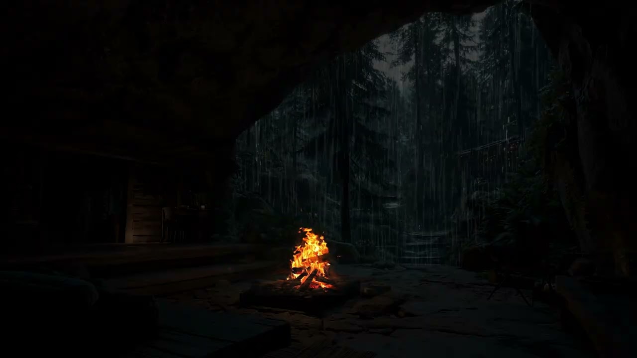 Vast Wilderness Immersed in Midnight Rain for Restful Sleep | Warm Fireplace Outdoor Sounds