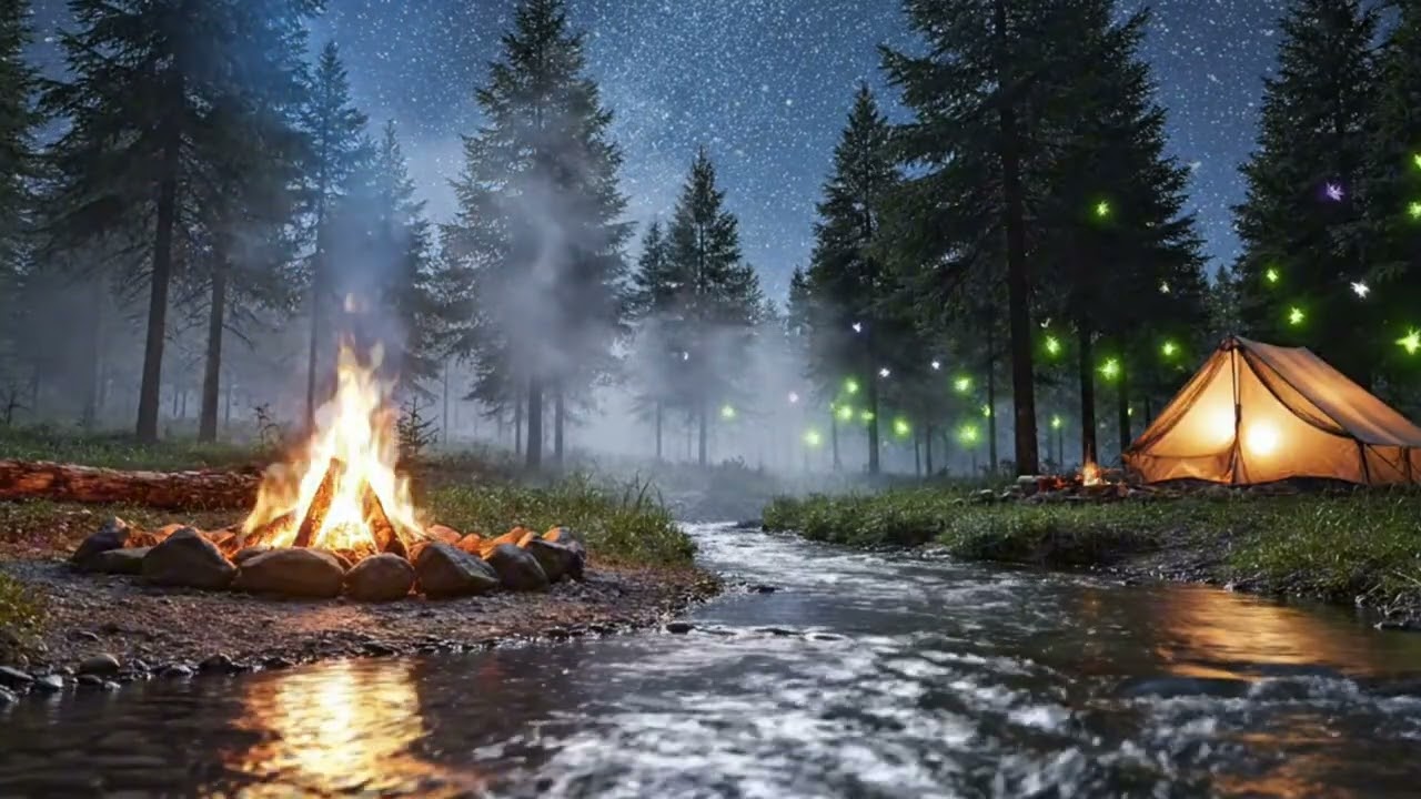 Magical Camping Night with Shooting Stars 🌠 Campfire & River Sounds for Sleep