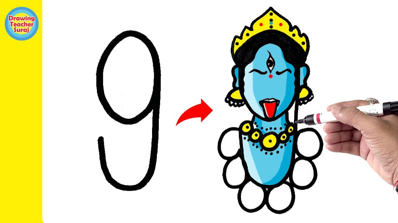 माँ काली Drawing 9 से साकारना बोहत आसान | Maa Kali Drawing Navratri Special From Number 9