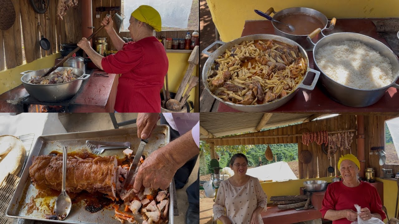 HOJE FIZEMOS UM LOMBO DE PORCO E TRÊS GALOS COM MACARRÃO, NA CASINHA NO PÉ DA SERRA