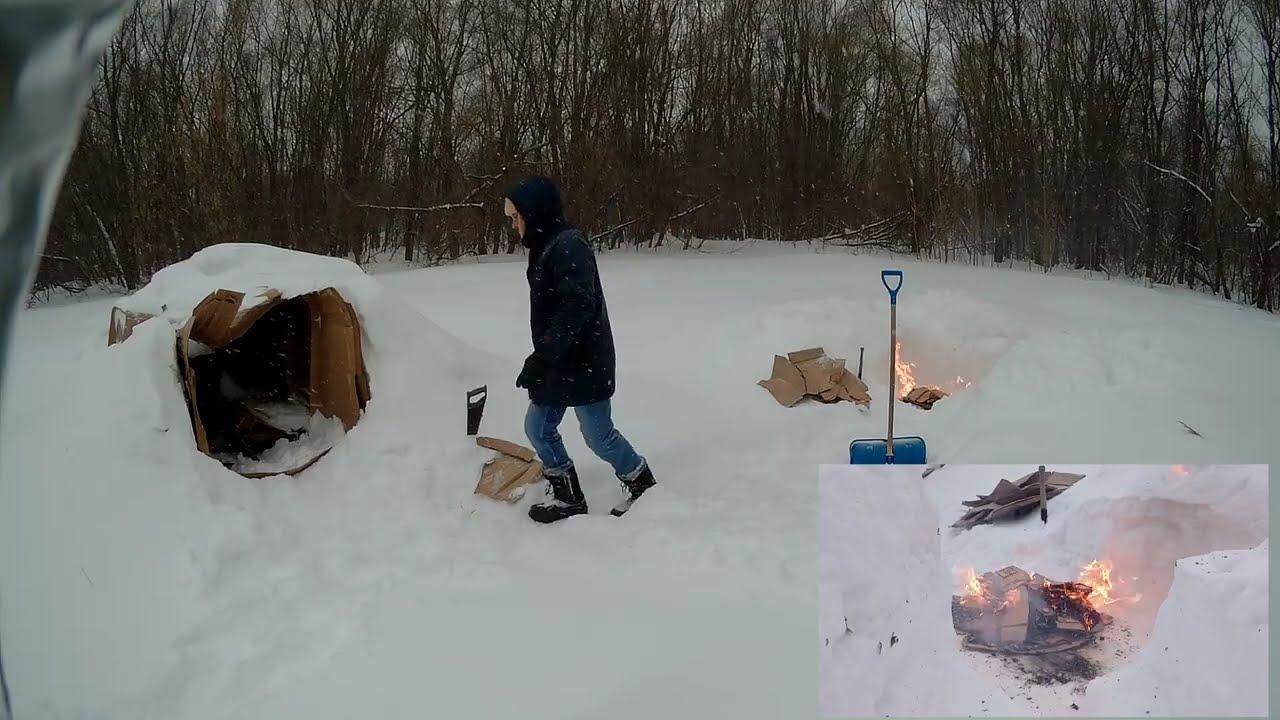 Taking down the cardboard house in the forest