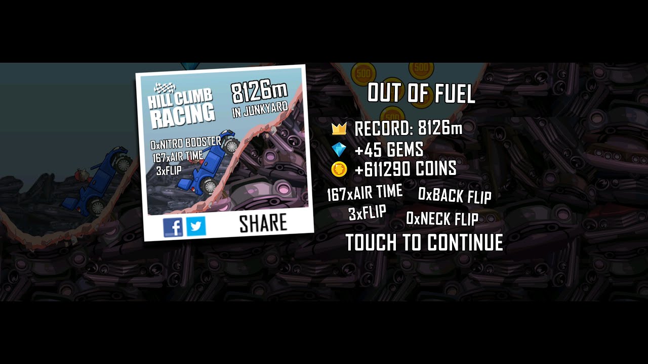 Hill Climb Racing: 8126m in Junkyard on Rally Car (no boosters, no pets)