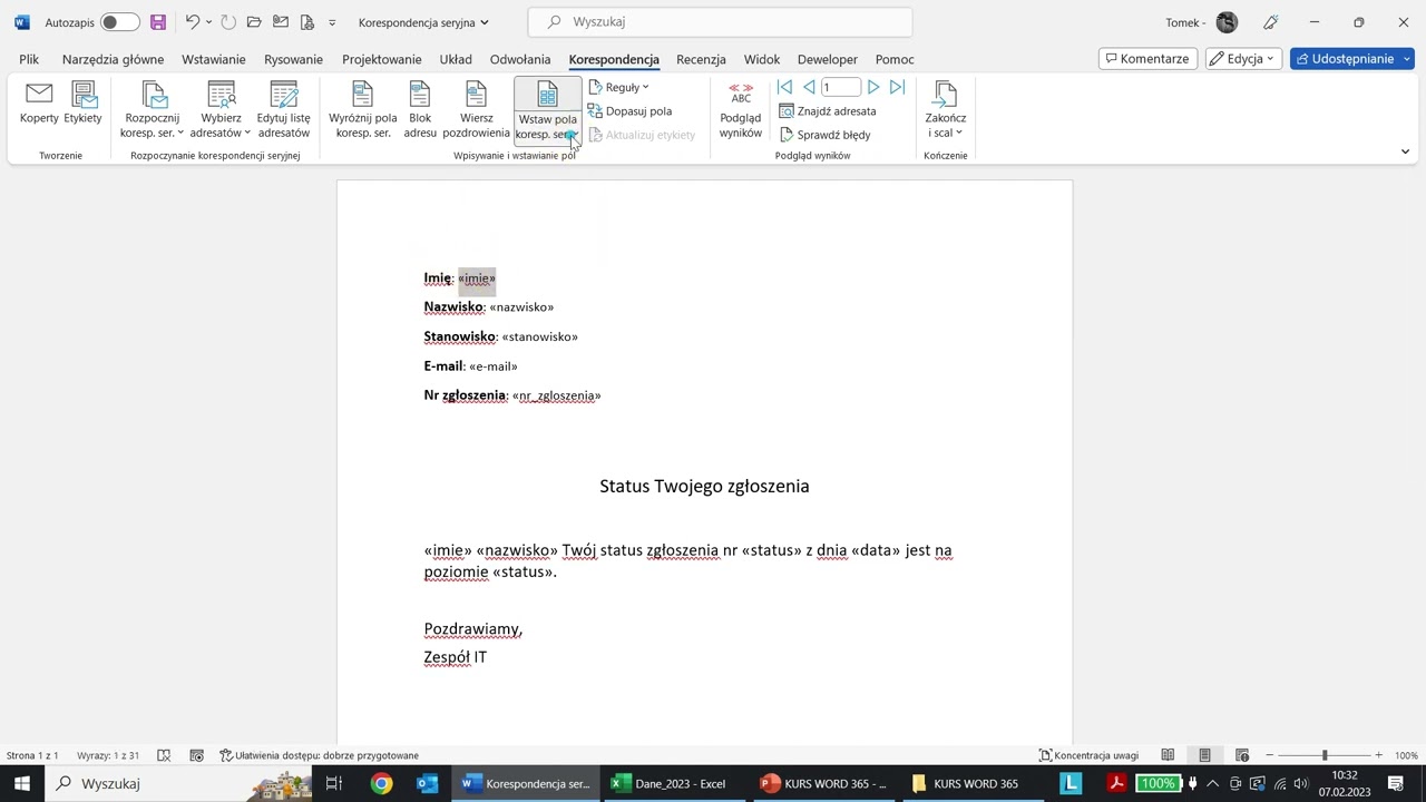 Korespondencja seryjna Word 365