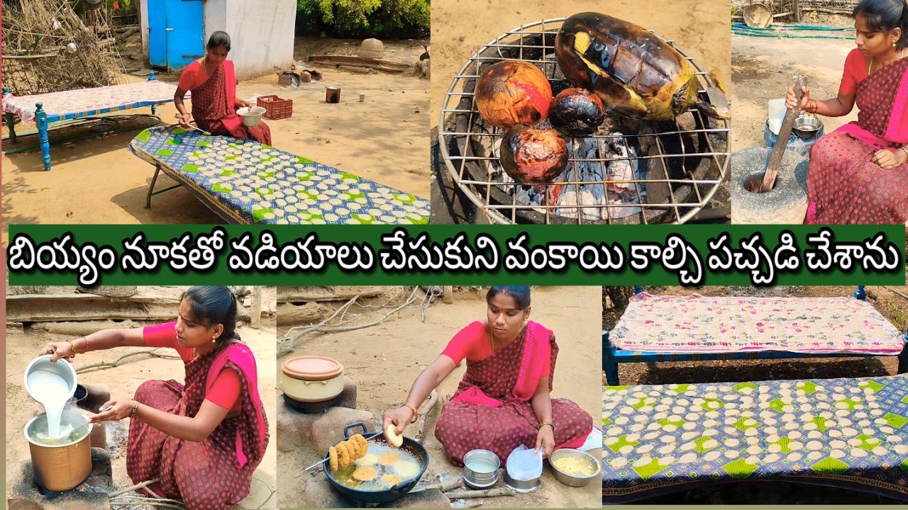 బియ్యం నూకతో వడియాలు చేసుకుని వంకాయ కాల్చి పచ్చడి దంచాను #villagecooking1 #cookingvlog  #trending