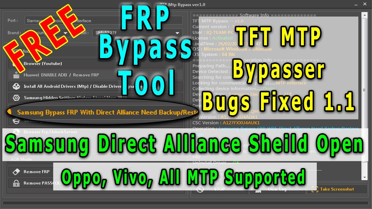TFT MTP FRP Tool 1.1 Bugs Fixed | Samsung FRP Bypass Tool | Direct Alliance Sheild No Backup/Restore