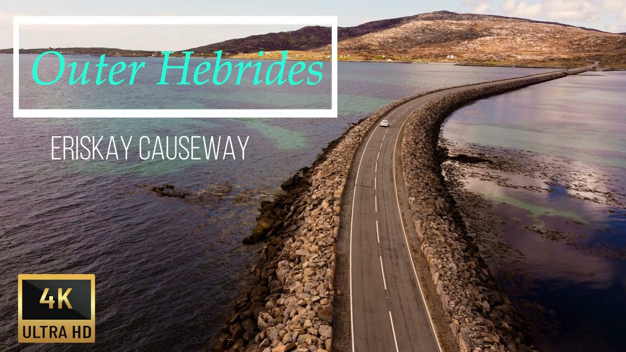 4k Drone video Scotland-Outer Hebrides-Western Isles Eriskay Causeway