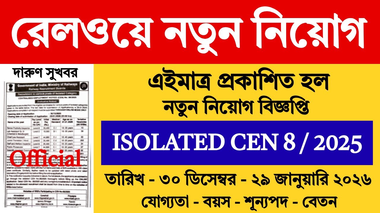 Railway New Notification 2026 | RRB Ministerial and Isolated Category Vacancy 2026 | Railway |
