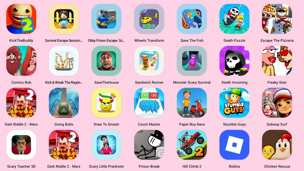 Roblox, Sprunki survival, Stumble Gues, Ragdoll Break, Scary Teacher 3D, Sandwich Runner, Paper Race