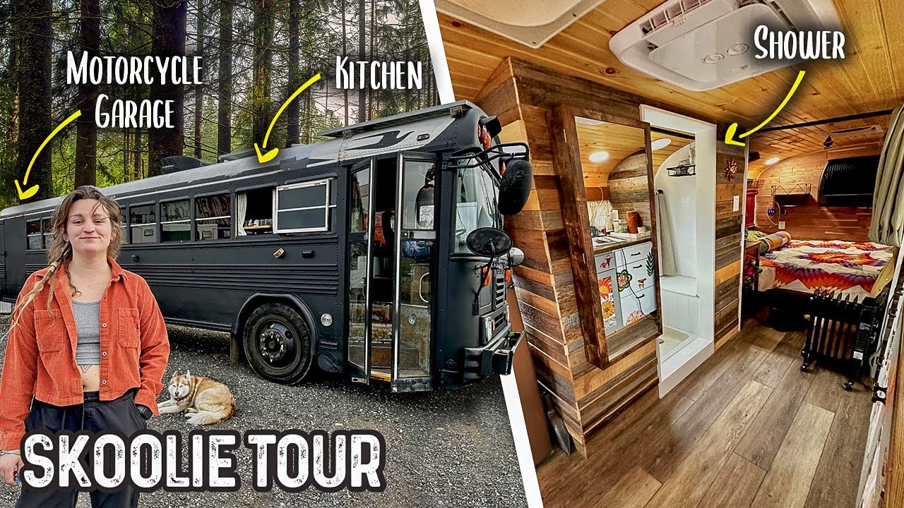Her MEGA Adventure Rig Has a HUGE Workshop, Motorcycle Lift - BEAUTIFUL Tiny Home Conversion