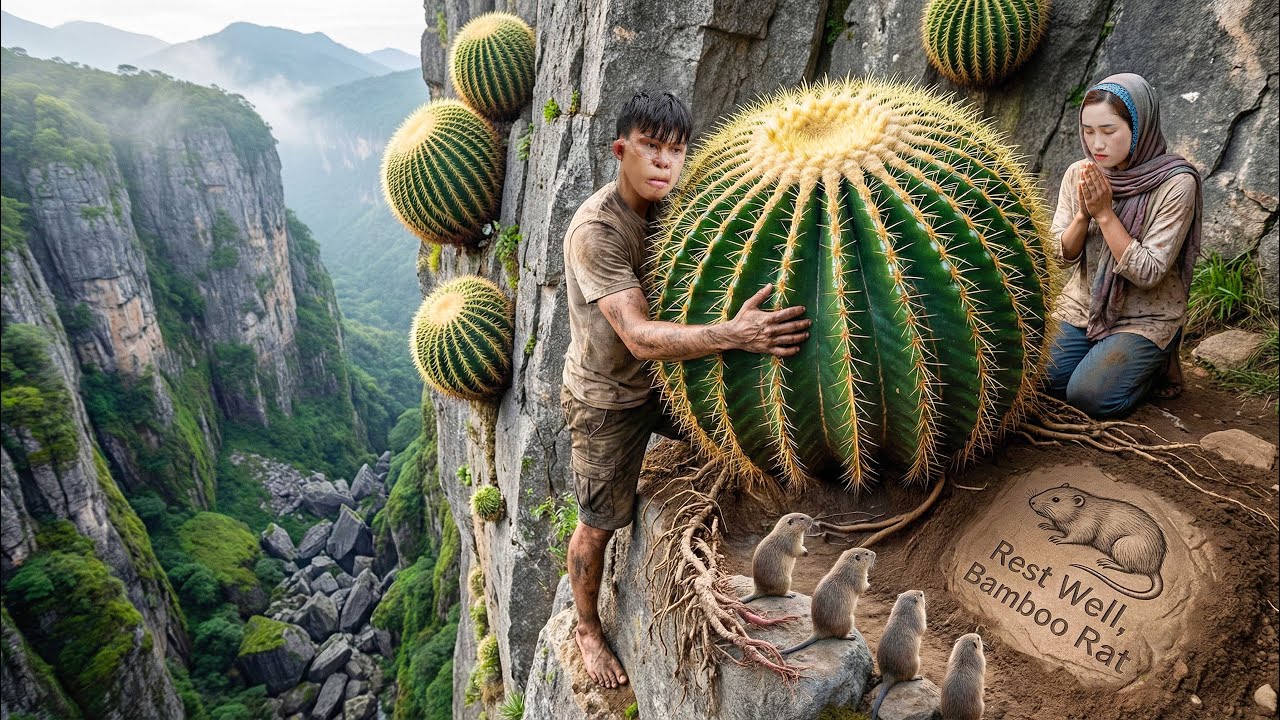 Brave Boy Risks His Life Harvesting Giant Round Cactus on Cliff | Final Farewell to Bamboo Rat