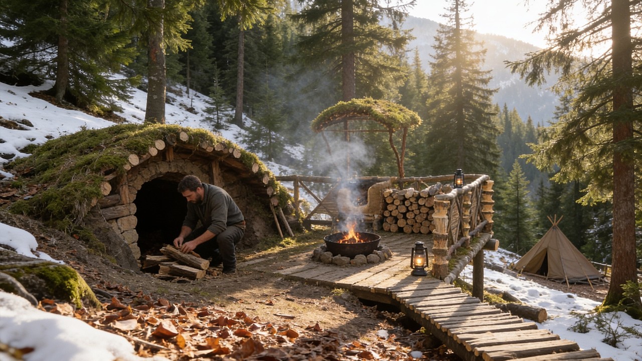 I Spent 14 Days Building a Bushcraft Camp to Survive the Cold Winter | Full Build