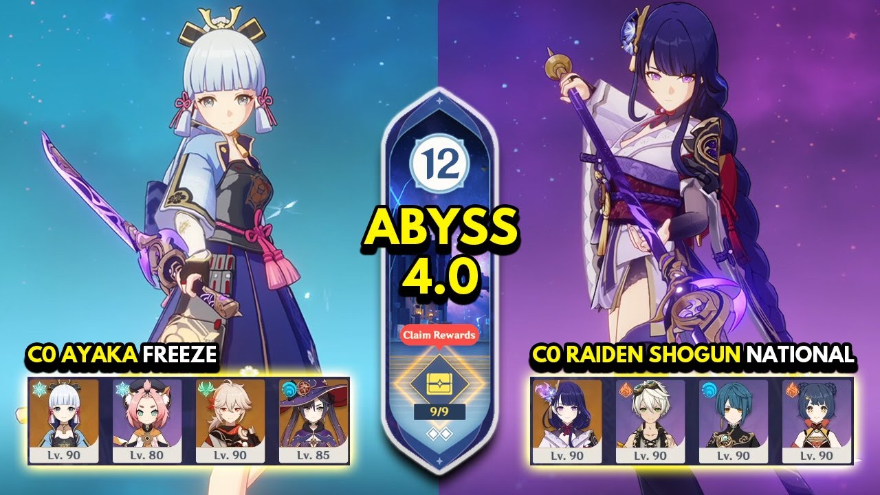 C0 Ayaka Freeze & C0 Raiden National | Spiral Abyss 4.0 Floor 12 9 Stars | Genshin Impact 4.0