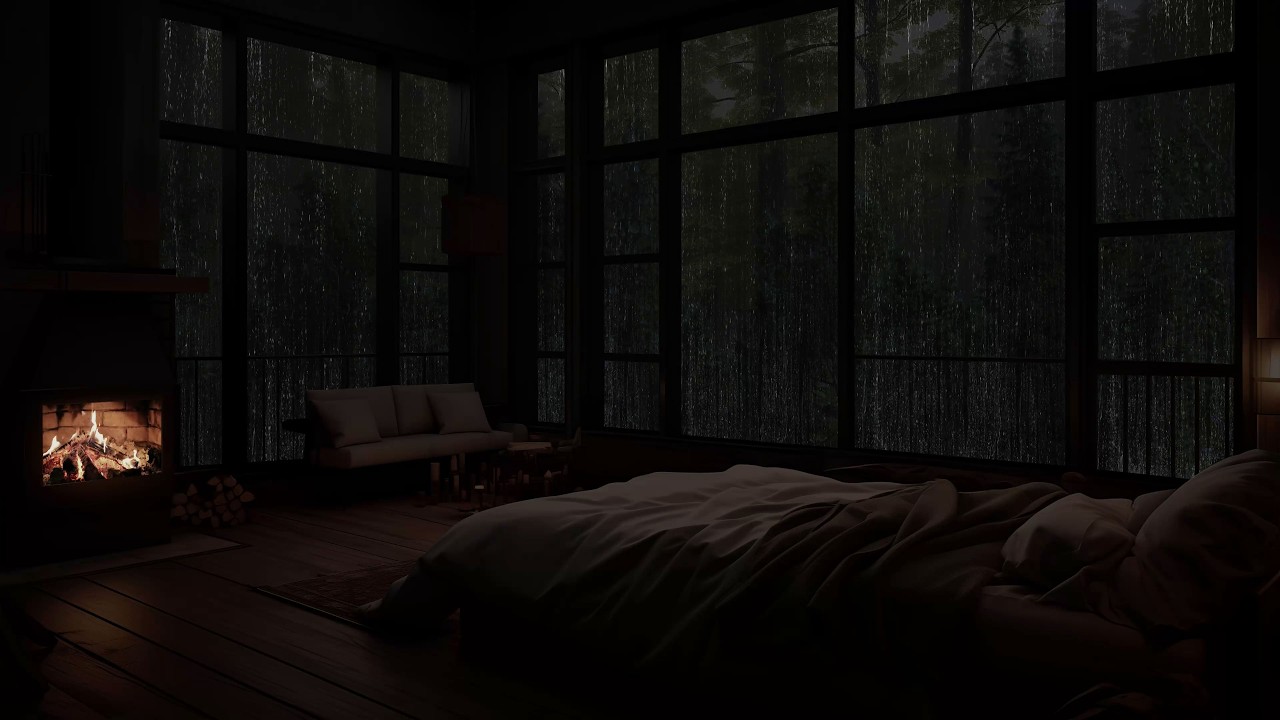 Sons naturais de chuva na floresta tropical em cabana aconchegante com lareira para dormir bem
