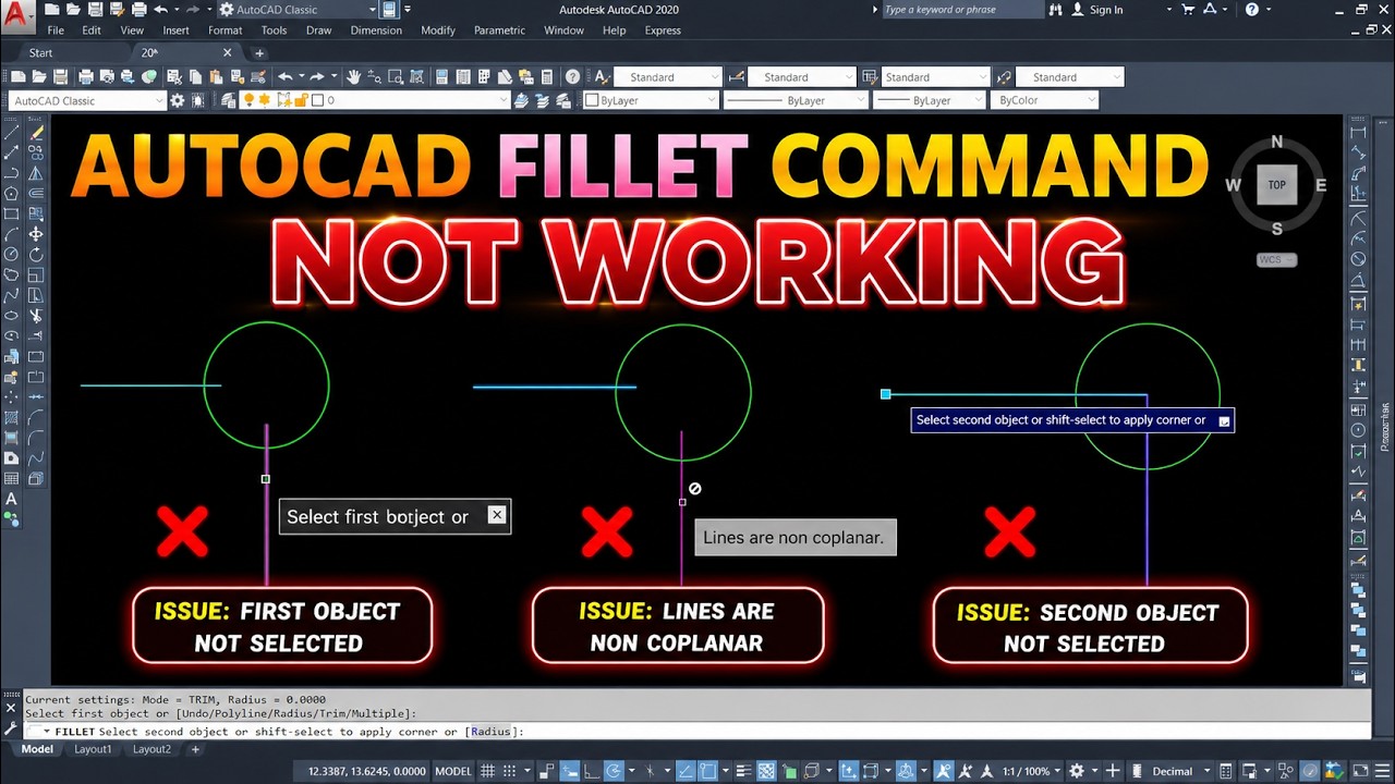 Fillet command not working in AutoCAD | Lines are non coplanar