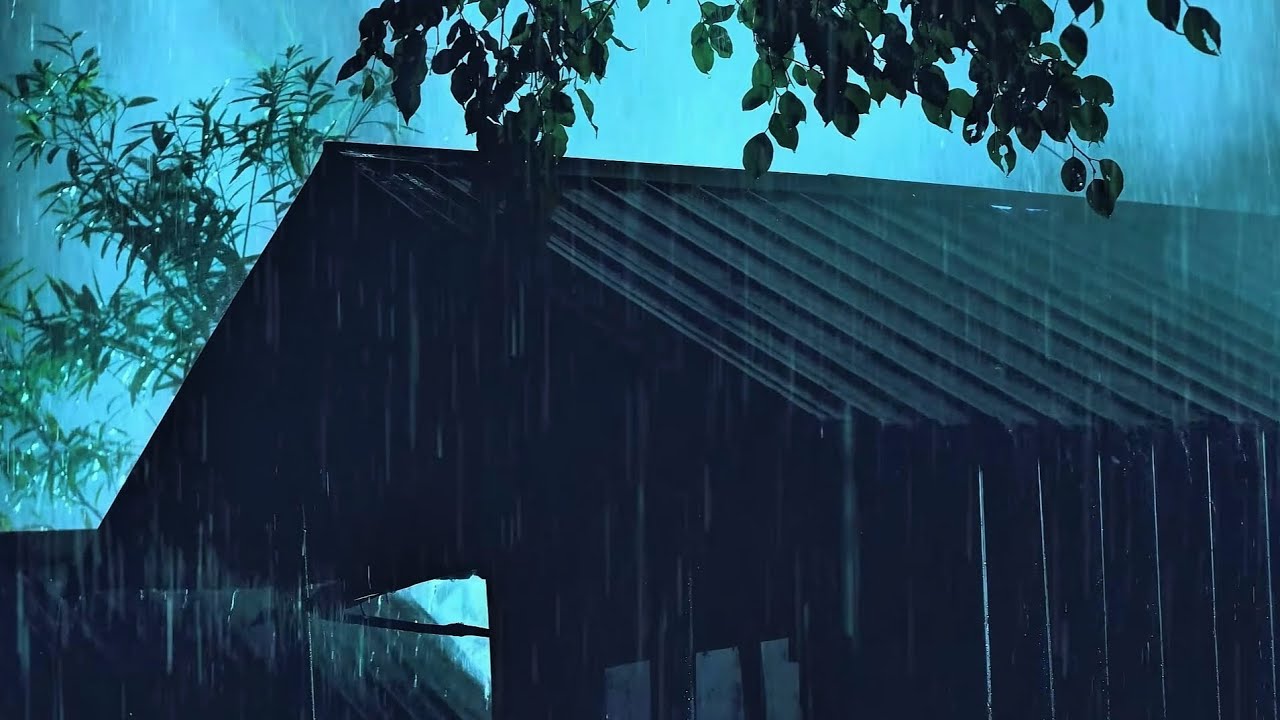 Overcoming insomnia with heavy rain and thunder echoing on a tin roof in the forest