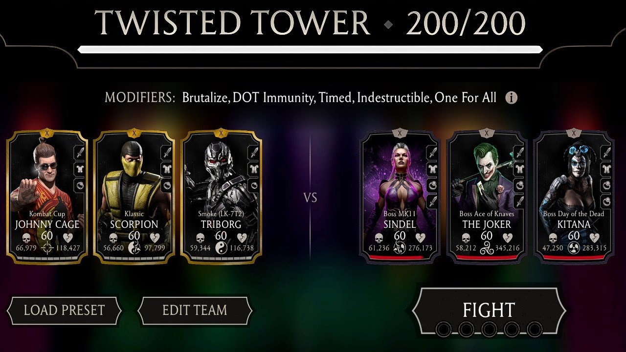 Final Boss Match 200 Using Gold Team. Twisted Fatal Tower. MK Mobile