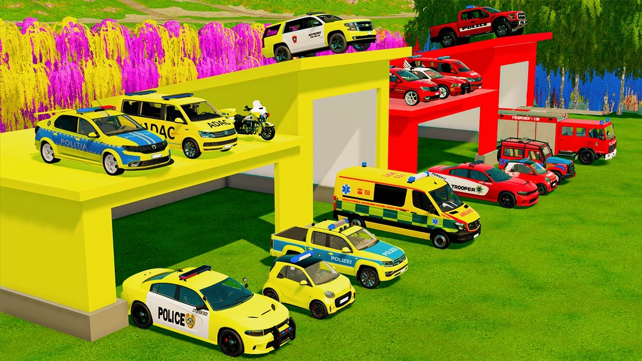 TRANSPORTING CARS, AMBULANCE, POLICE CARS, FIRE TRUCK OF COLORS! WITH TRUCKS! - FS 22