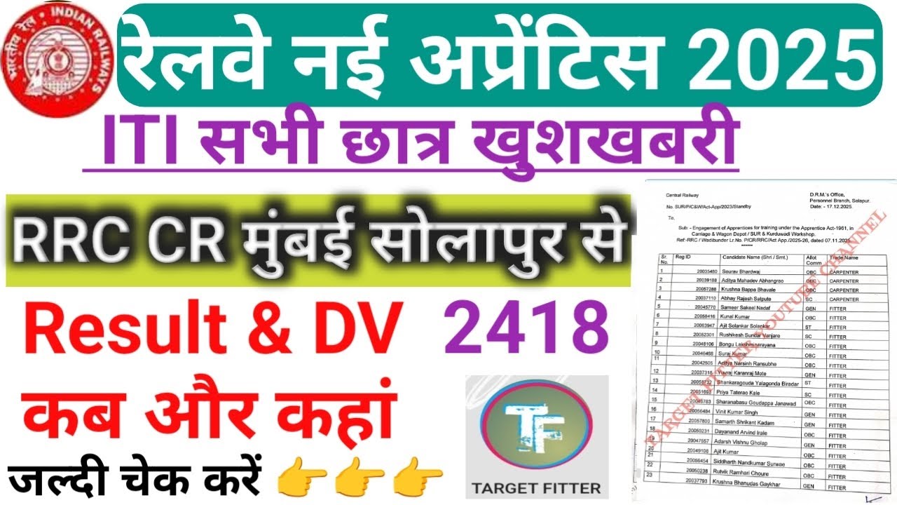 RRC CR Mumbai Solapur Apprentice Merit List 2025 🔥 Central Railway Apprentice result 😱 #apprentice